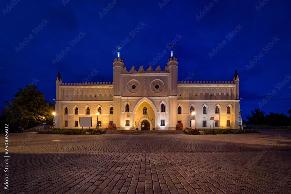 Main facade of Lublin Castle at dusk, Lublin, Poland