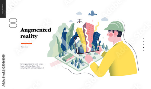 Technology 1 -Augmented reality, modern flat vector concept digital illustration -augmented reality metaphor - man with tablet. Creative landing web page design template