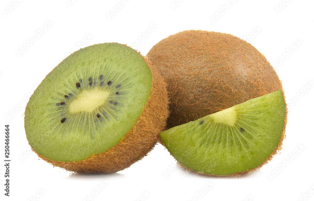 Fototapeta premium Delicious ripe kiwi fruit and kiwi cutaway on a white isolated background. close-up.