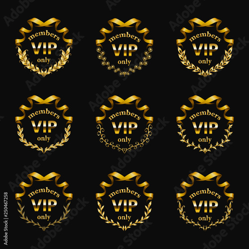 Set of gold vip monograms for graphic design on black background.
