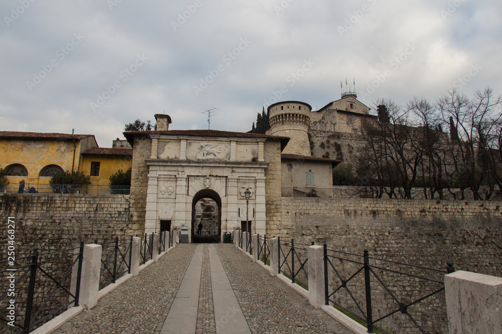 The main entrance to the Brescia Castle, Lombardy, Italy.