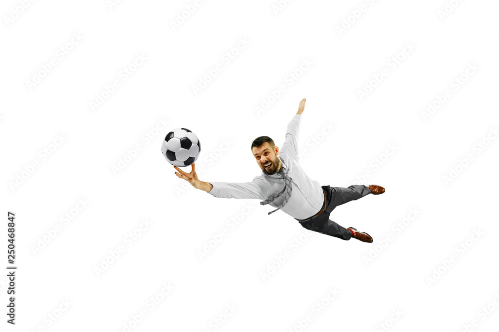 Full length shot of a young businessman playing football isolated on white background. Full length shot of a young businessman playing football isolated on white background.