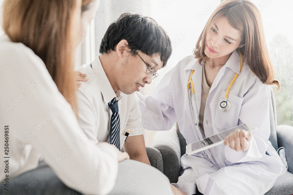 concept of diagnostic examination on health disease or mental illness. Doctor consulting patient and their family. concept of diagnostic examination on health disease or mental illness. Doctor consulting patient and their family.
