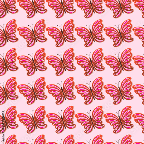 Abstract background of beautiful bright colorful butterflies with shadow. Seamless pattern. Vector illustration