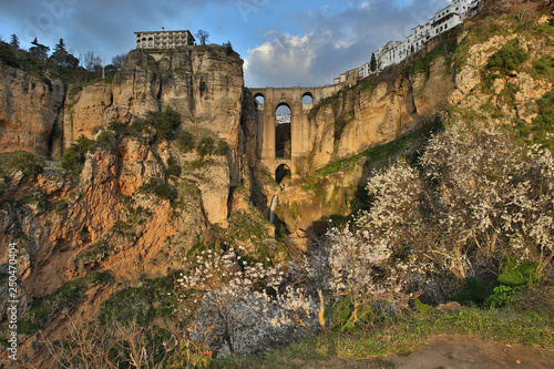 Puente Nuevo and the city of Ronda at dusk, El Tajo Gorge, Malaga Province, Spain