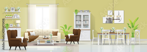 Modern rustic house interior background with living and dining room combination , vector , illustration