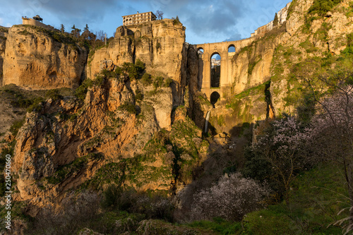 Puente Nuevo and the city of Ronda at dusk, El Tajo Gorge, Malaga Province, Spain
