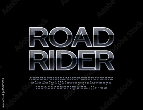 Vector cool logo Road Rider with Black and Silver Font. Glossy Metallic Alphabet Letters, Numbers and Symbols 