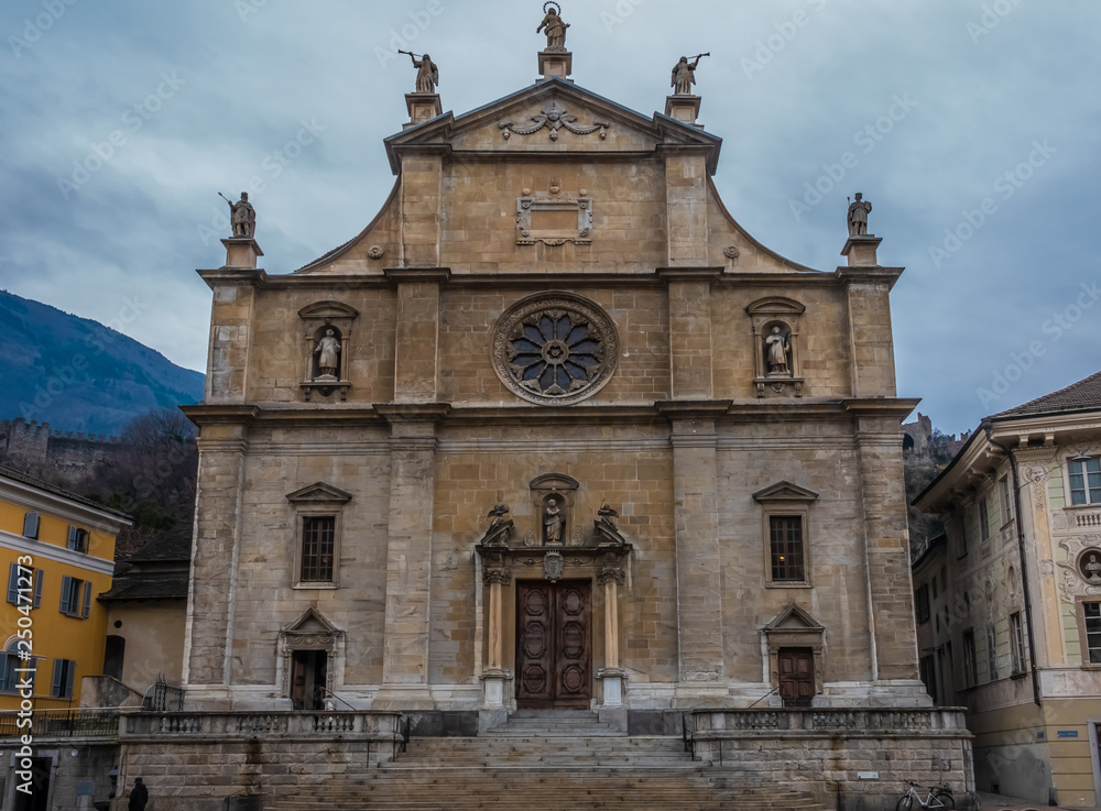 Collegiata church, Bellinzona, the capital city of southern Switzerland’s Ticino canton. A Unesco World heritage site, Known for its 3 medieval castles: Castelgrande, Sasso Corbaro and and Montebello