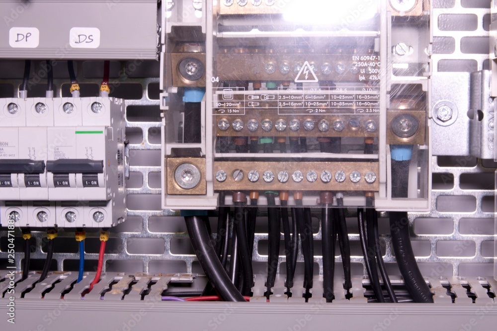 Image shows control cubicle. Circuit breakers and electric device inside power case Image shows control cubicle. Circuit breakers and electric device inside power case