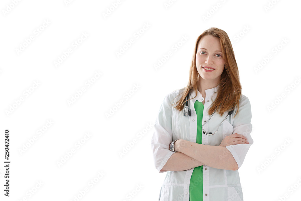 Portrait of smiling woman doctor with stethoscope in medical gown isolated on white background. Portrait of smiling woman doctor with stethoscope in medical gown isolated on white background.