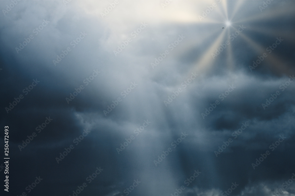 Fototapeta premium photograph of a cloudy sky with lead clouds and dim light hitting the clouds, and the bright rays of the sun from the clouds with a bird