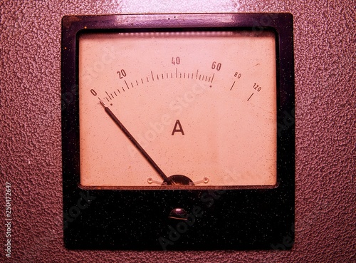 Analog ampere meter or amp meter. Close-up photo