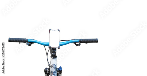 Фотография Smartphone mount on handlebar of mountain bike isolated on white background