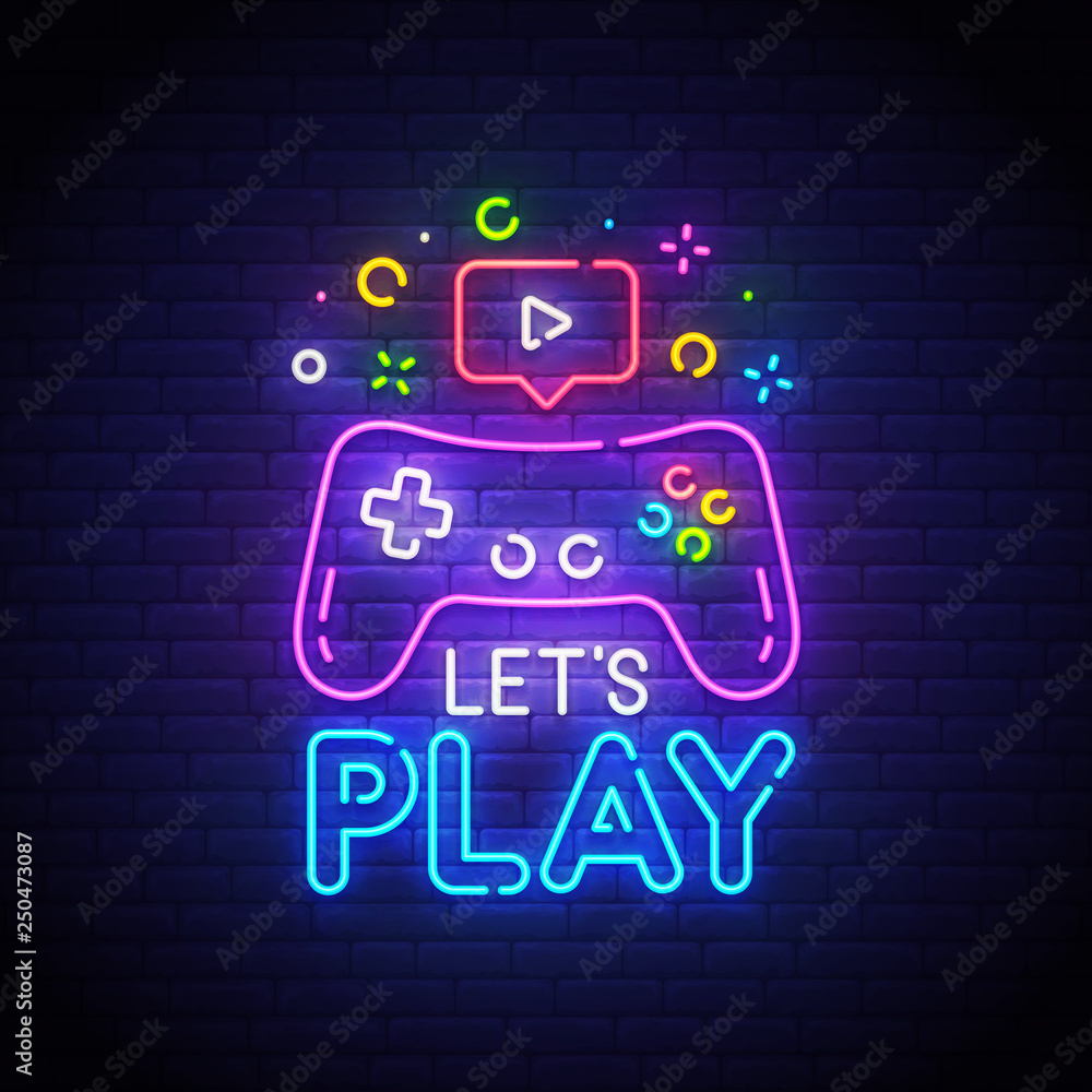 Let's Play neon bright signboard, light banner. Game logo neon, emblem. Vector illustration Stock Vector | Adobe Stock