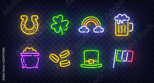 St. Patrick's Day icon set isolated. Patrick's Day neon sign. Horseshoe, Clover, Rainbow, Gold coin, Beer, Flag Ireland and Calendar icon. Vector Illustration
