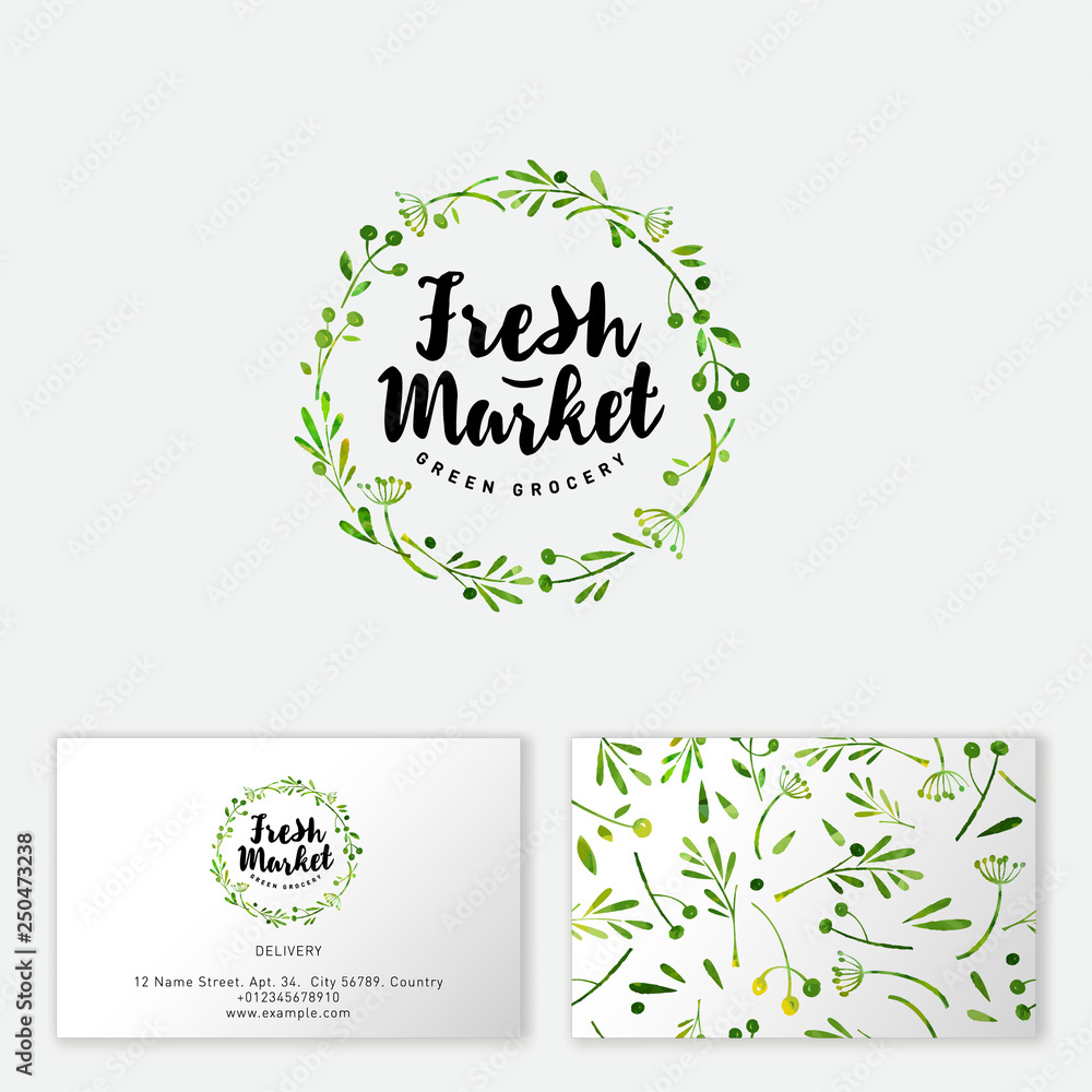 Fresh market logo. Hand-drawn herbs and spices like wreath. Seamless pattern. Business card.