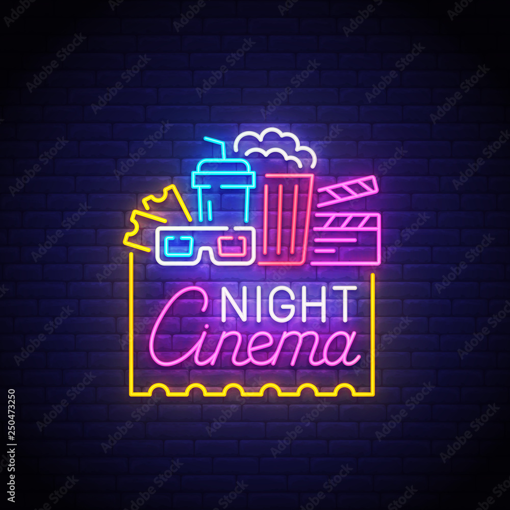 Plakat Cinema neon sign, bright signboard, light banner. Night Cinema logo neon, emblem. Vector illustration