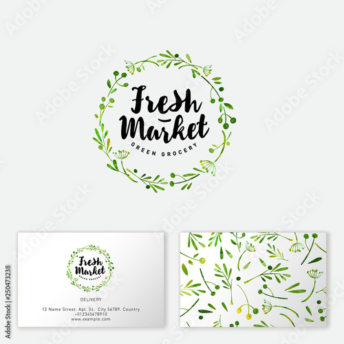 Fresh market logo. Hand-drawn herbs and spices like wreath. Seamless pattern. Business card.