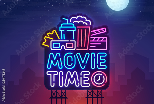 Night city. Sign neon. Cinema billboard. Bright signboard, light banner. Cinema logo. Vector illustration.
