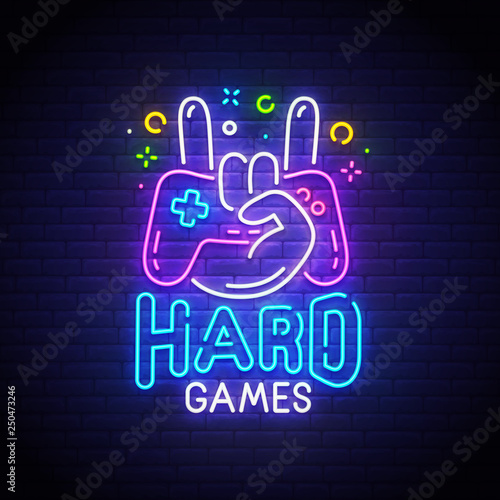 Hard Games neon sign, bright signboard, light banner. Game logo neon, emblem. Vector illustration