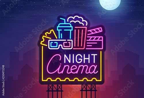 Night city. Sign neon. Cinema billboard. Bright signboard, light banner. Cinema logo. Vector illustration.