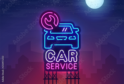 Night city. Sign neon. Car Service billboard. Bright signboard, light banner.  Car Service logo. Vector illustration