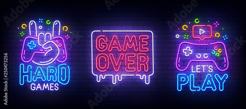 Big set neon sing. Game room label and logo. Gamer banner, emblem and label. Bright signboard, light banner. Vector illustration photo