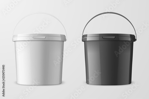 Vector Realistic 3d White and Black Plastic Bucket for Food Products, Paint, Foodstuff, Adhesives, Primers, Putty Isolated on White Background. Design Template of Packagin for Mockup. Front view