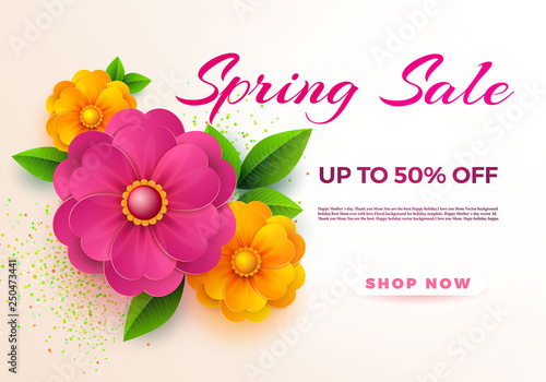 Spring sale banner template with paper spring flowers for online woman shopping, vector illustration. Spring sale. Place for your text. Vector