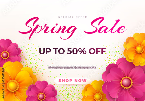 Spring sale banner template with paper spring flowers for online woman shopping, vector illustration. Spring sale. Place for your text. Vector