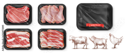 Meat food. Beef, pork, chicken legs. Black polystyrene packaging. 3d vector realistic set. High quality 50Mb eps