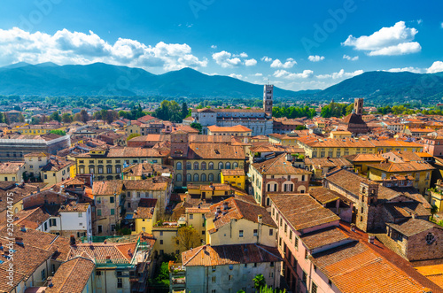 Aerial top panoramic view of historical centre medieval town Lucca with old buildings, typical orange terracotta tiled roofs and mountain range, hills, blue sky white clouds background, Tuscany, Italy