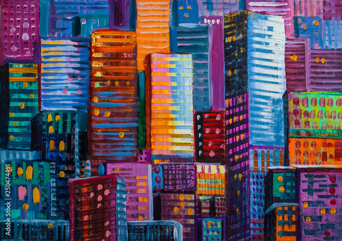 Abstract painting of urban skyscrapers. photo