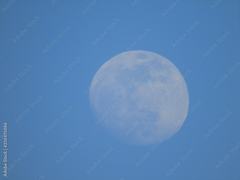 Liguria, Italy - 02/18/2019: An amazing photography of the full moonlight over the mountains, hidden and out of the trees in the village by day with beautiful blue sky in the background in winter days Liguria, Italy - 02/18/2019: An amazing photography of the full moonlight over the mountains, hidden and out of the trees in the village by day with beautiful blue sky in the background in winter days