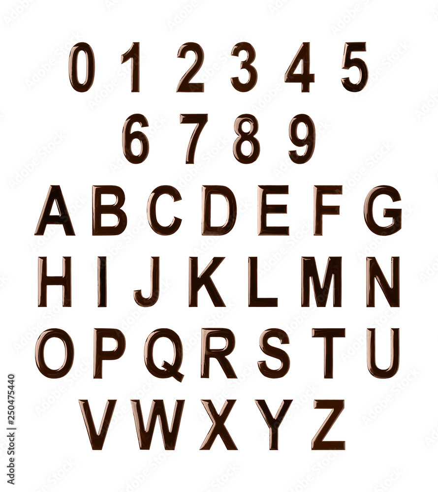 Set of alphabet and numbers made of melted chocolate on white background Set of alphabet and numbers made of melted chocolate on white background