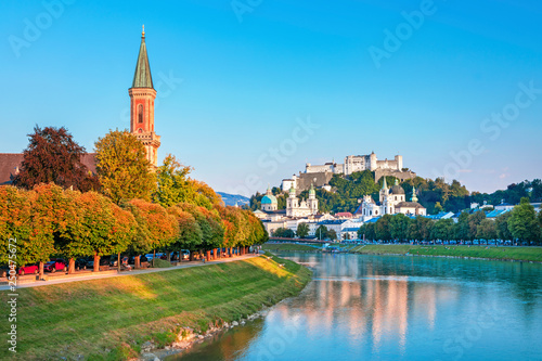 Beautiful view of Salzburg skyline with Festung Hohensalzburg and Salzach river in summer, Salzburg, Austria