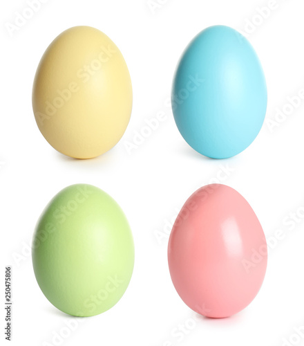 Set of colorful Easter eggs on white background