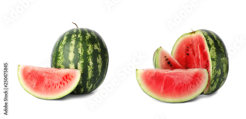 Fototapeta Naklejka Na Ścianę i Meble -  Set of delicious whole and sliced ripe watermelons on white background