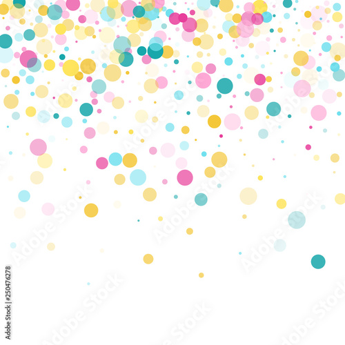 Memphis round confetti festive background in cyan blue, pink and yellow. Childish pattern vector.