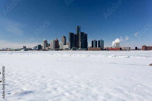 Snowy Windsor-Detroit International Riverfront with GM Renaissance Background