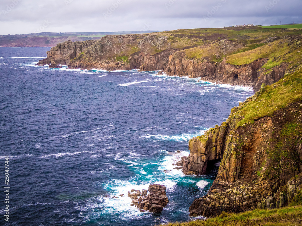 Famous cliffs at the coastline of Lands End Cornwall