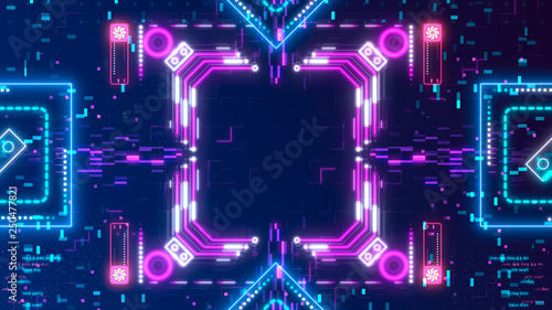 Neon glow cyber background. Futuristic hud concept. Circuit board style