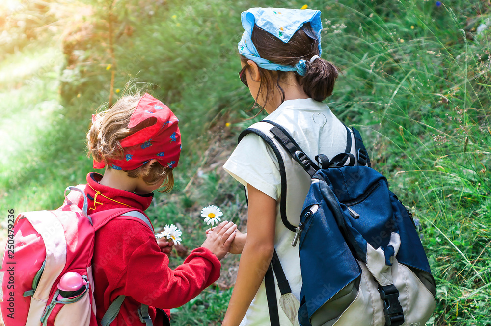 Two little girls on a hike gather flowers