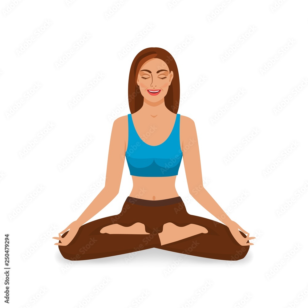 smiling girl with closed eyes relaxes in yoga lotus position