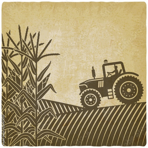 agricultural work in corn field vintage background illustration