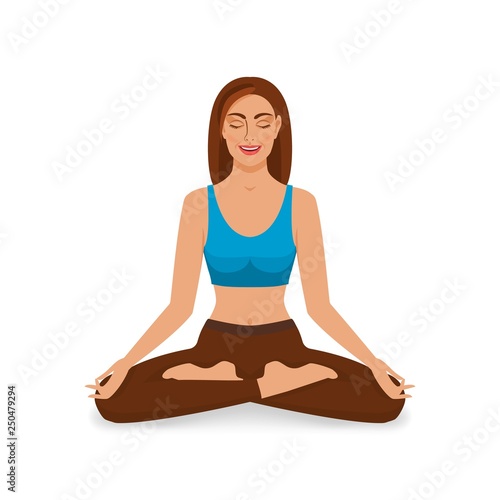 smiling girl with closed eyes relaxes in yoga lotus position