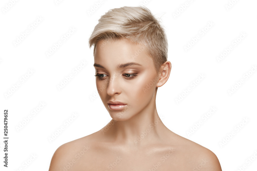 The beautiful female face. The perfect and clean skin of face on white. The beauty, care, skin, treatment, health, spa, cosmetic concept The beautiful female face. The perfect and clean skin of face on white. The beauty, care, skin, treatment, health, spa, cosmetic concept