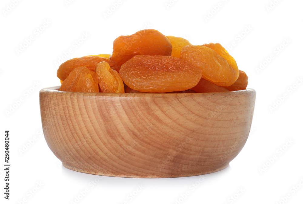 Bowl with apricots on white background. Dried fruit as healthy food Bowl with apricots on white background. Dried fruit as healthy food