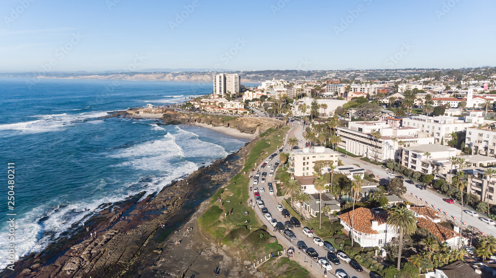 View of the coast from above via drone in La Jolla, California